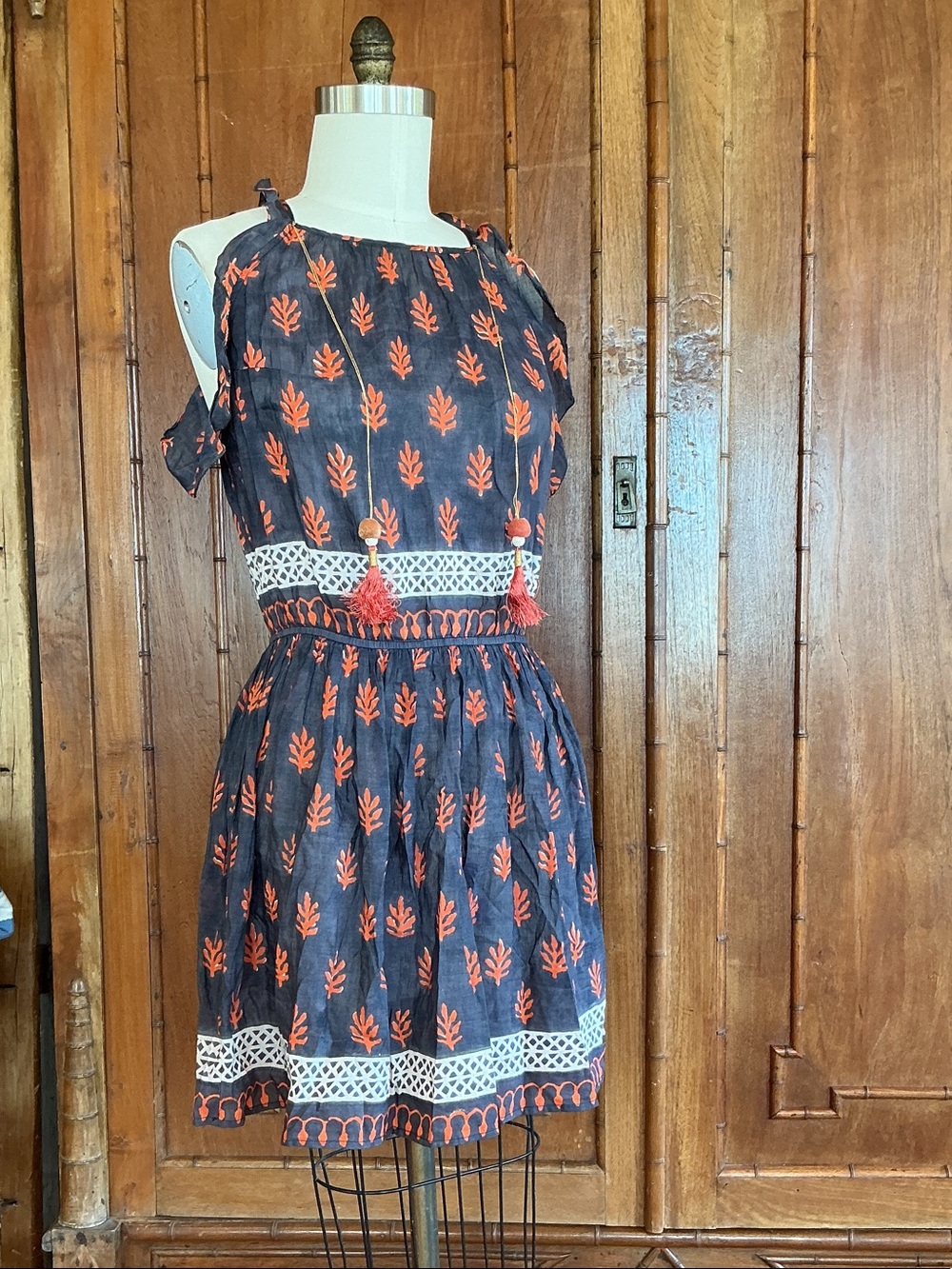 Bell Navy & Orange Cotton and Silk Printed Mini Dress M
